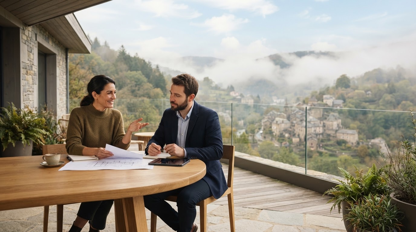 Brume Fondiaque — espace de travail calme avec analyse de données financières à l'écran